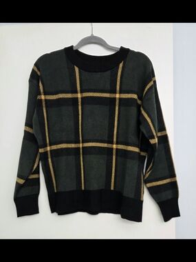 Tahari Dark Green Plaid Crewneck Sweater with Yellow Trim